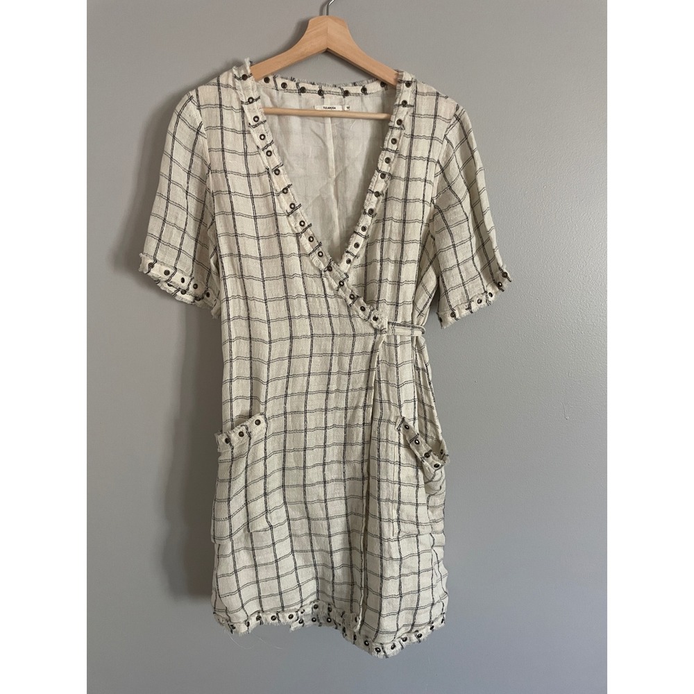 Tularosa Wrap Dress Womens Large Cream Black Plaid Grommet Linen Boho Mini